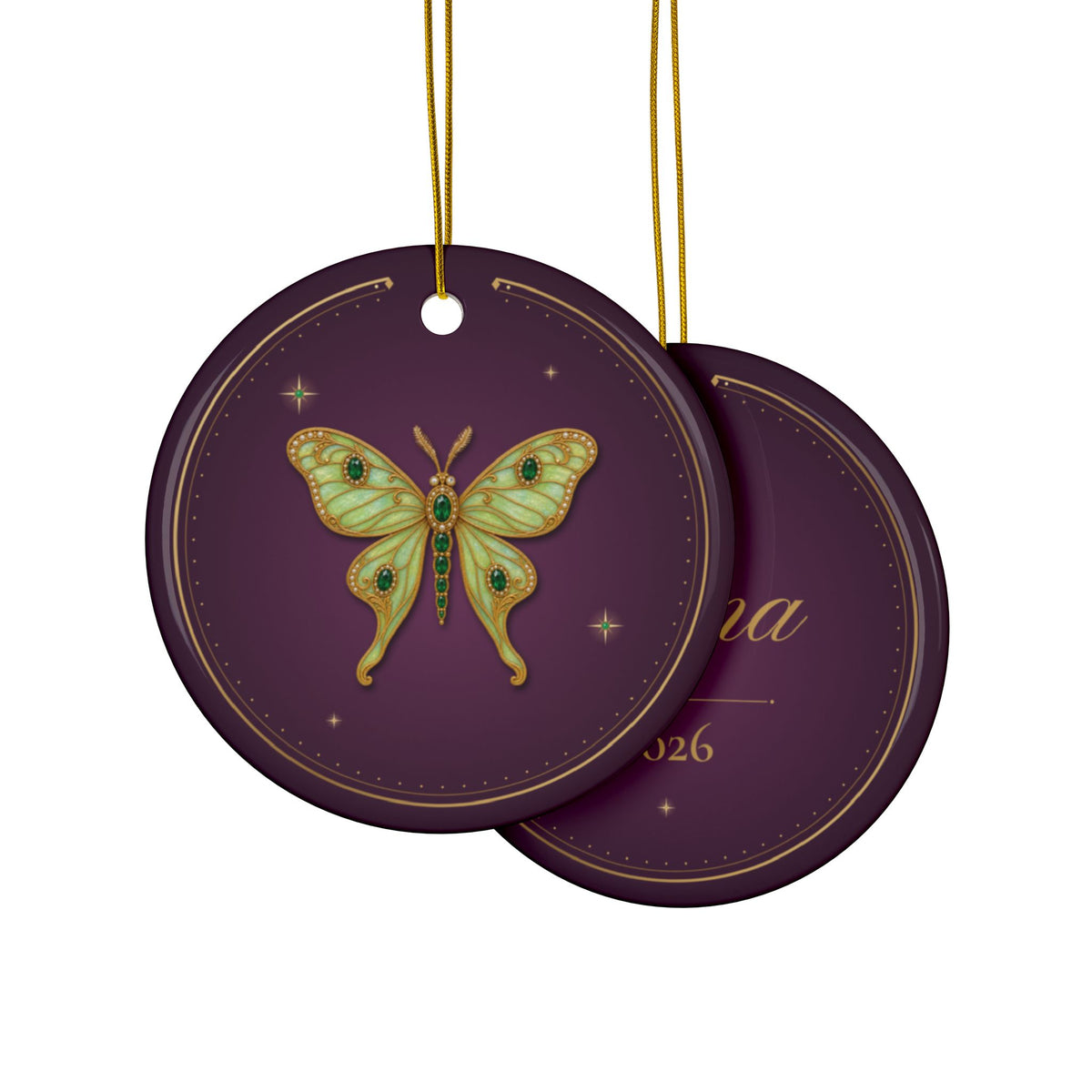 Personalized ceramic Christmas ornament with jeweled emerald luna moth, May birthstone, view 3