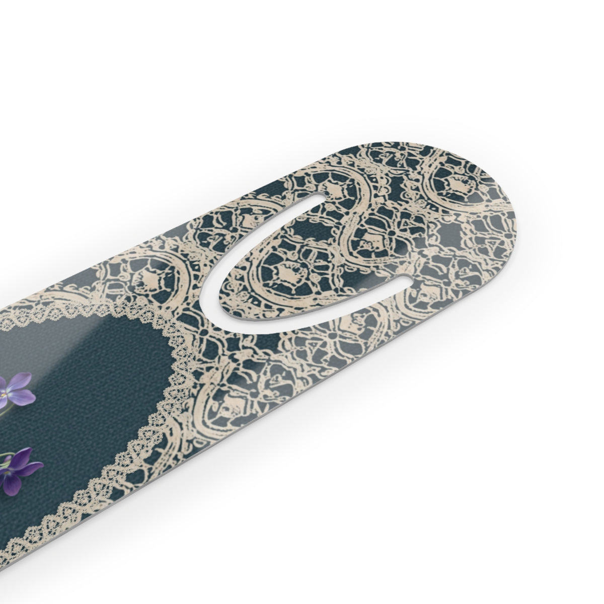 Metal bookmark with purple violet, the February birth flower, in vintage lace floral art, view 3