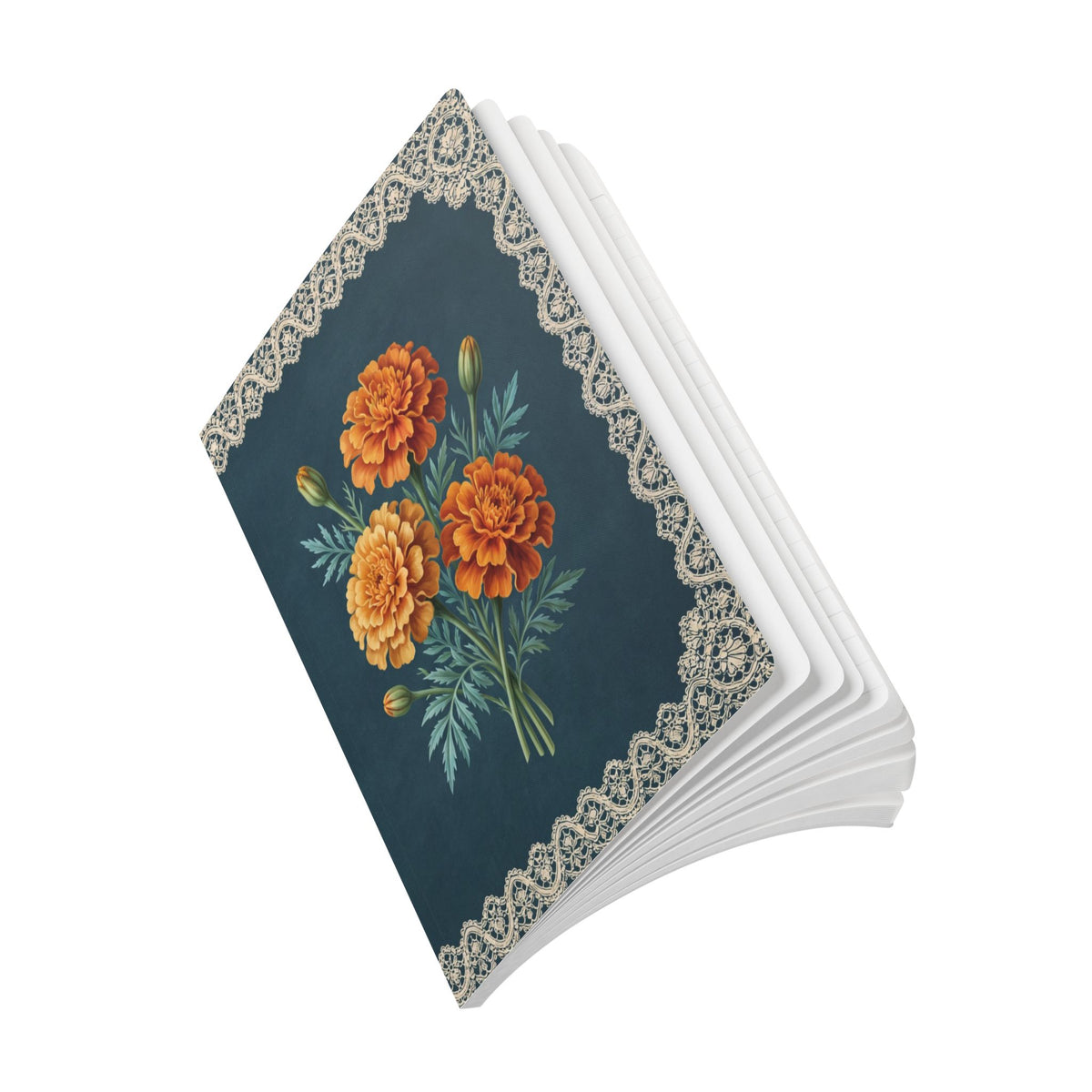 October birth flower journal with orange marigold oil painting art and lace border on a teal cover, view 10