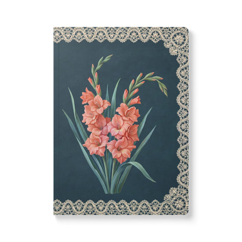 August birth flower journal with coral gladiolus oil painting art and lace border on a teal cover, view 2