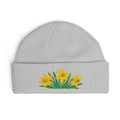 Cuffed knit beanie embroidered with the daffodil, March birth flower, view 5