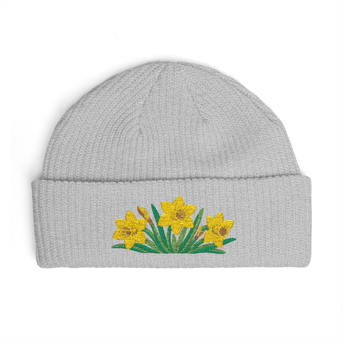Cuffed knit beanie embroidered with the daffodil, March birth flower, view 5