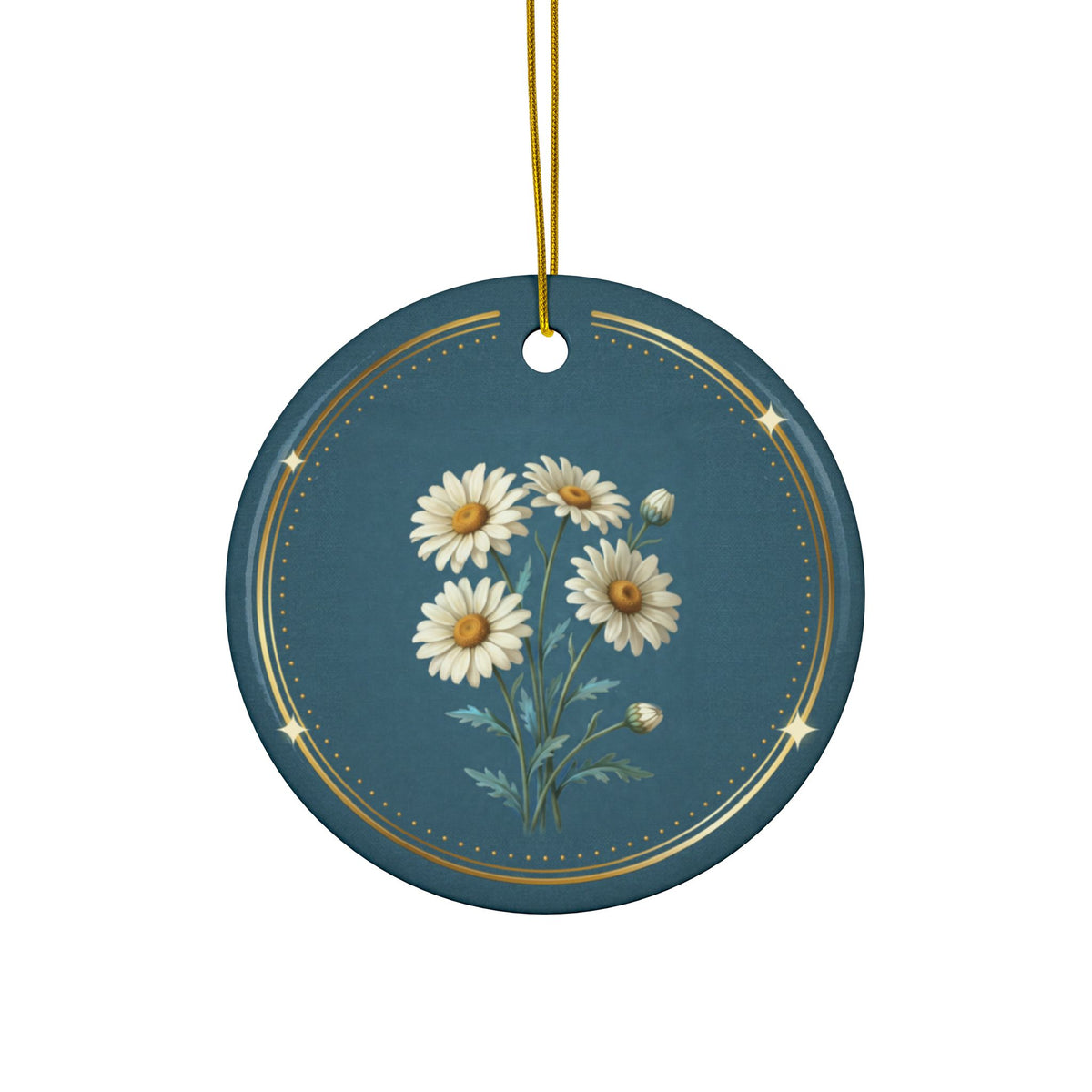Personalized ceramic Christmas ornament with white daisy, the April birth flower, view 3