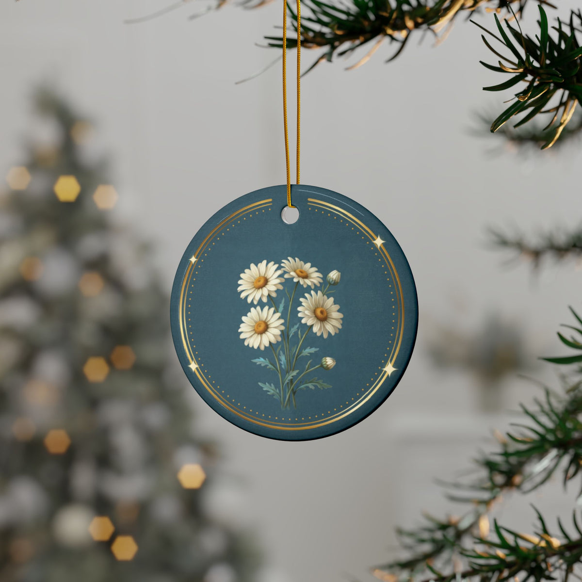Personalized ceramic Christmas ornament with white daisy, the April birth flower, view 2