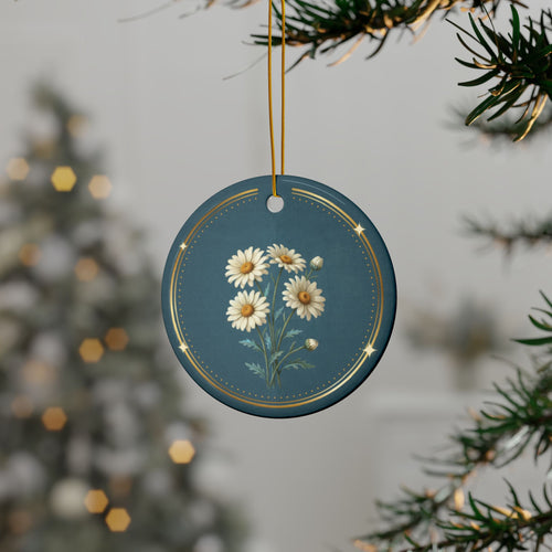 Personalized ceramic Christmas ornament with white daisy, the April birth flower, view 2