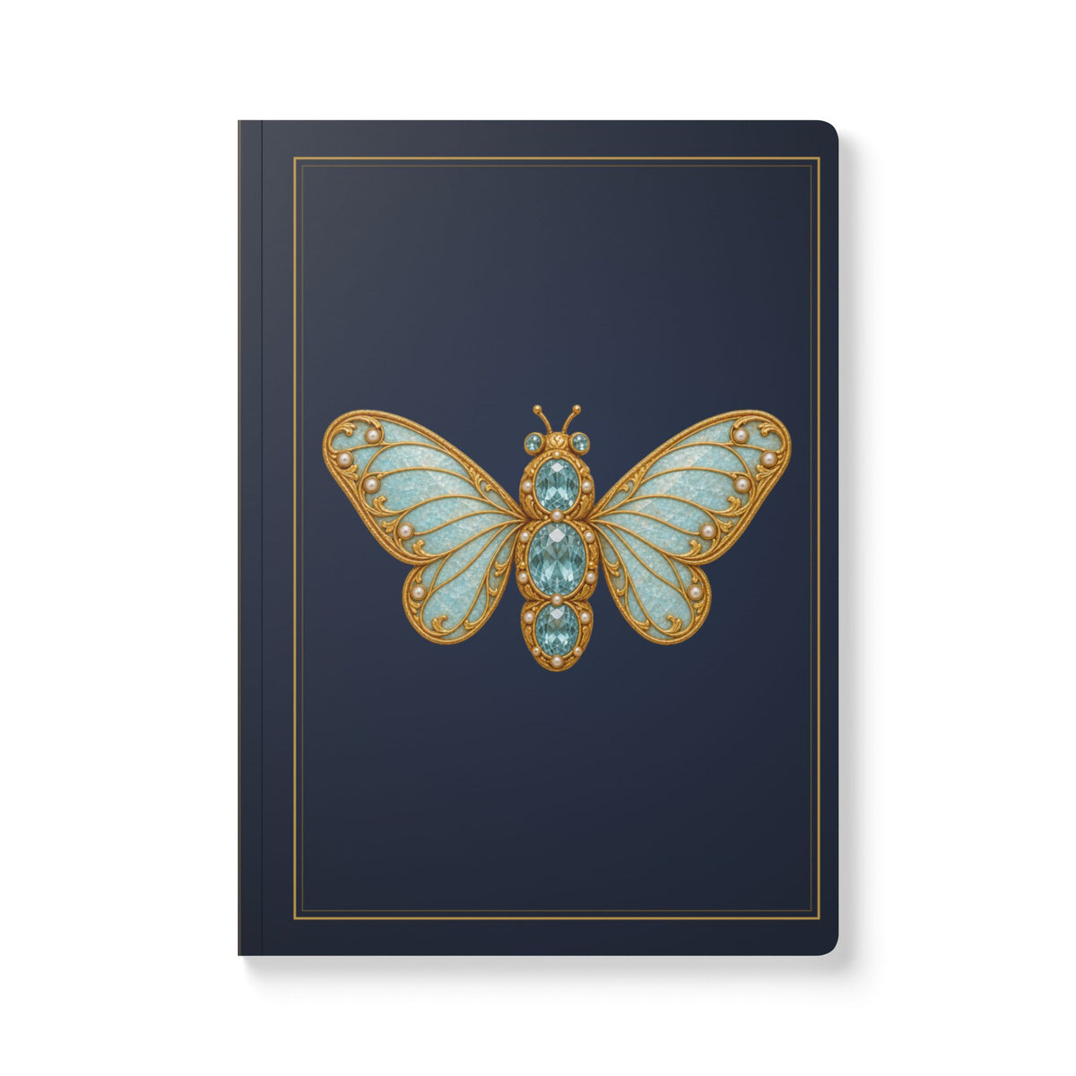 Jeweled aquamarine hoverfly journal with vintage brooch art on a navy cover, March birthstone gift, view 2