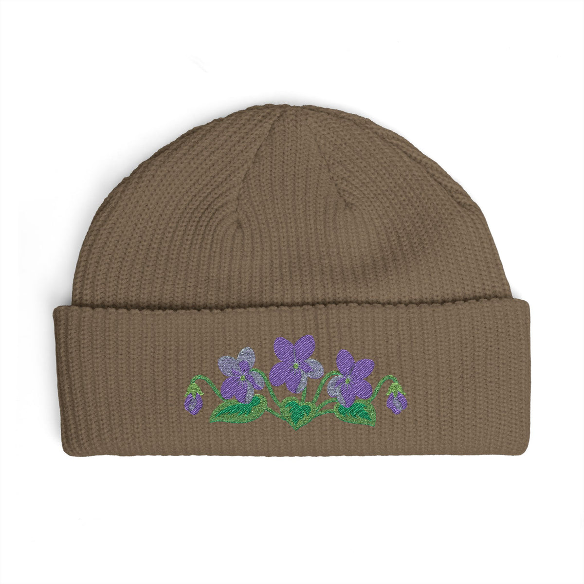 Cuffed knit beanie embroidered with the violet, February birth flower, view 3