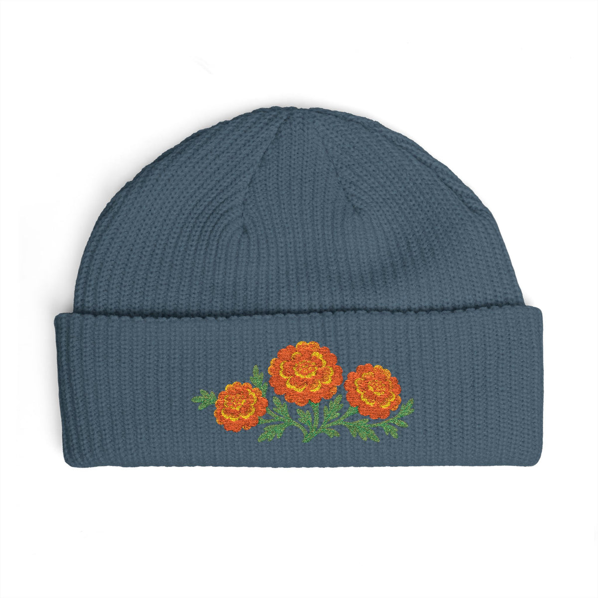 Cuffed knit beanie embroidered with the marigold, October birth flower, view 7