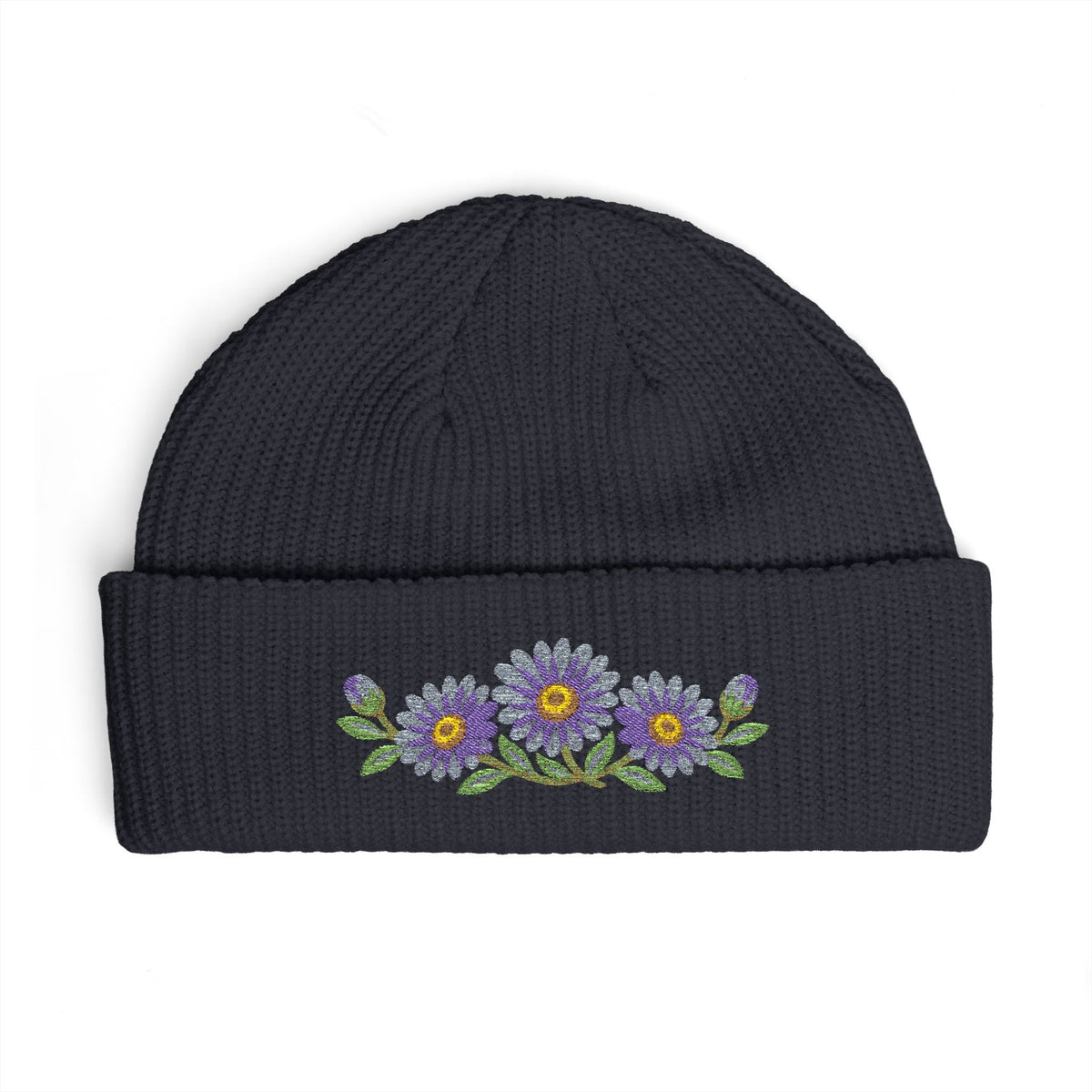 Cuffed knit beanie embroidered with the aster, September birth flower, view 7
