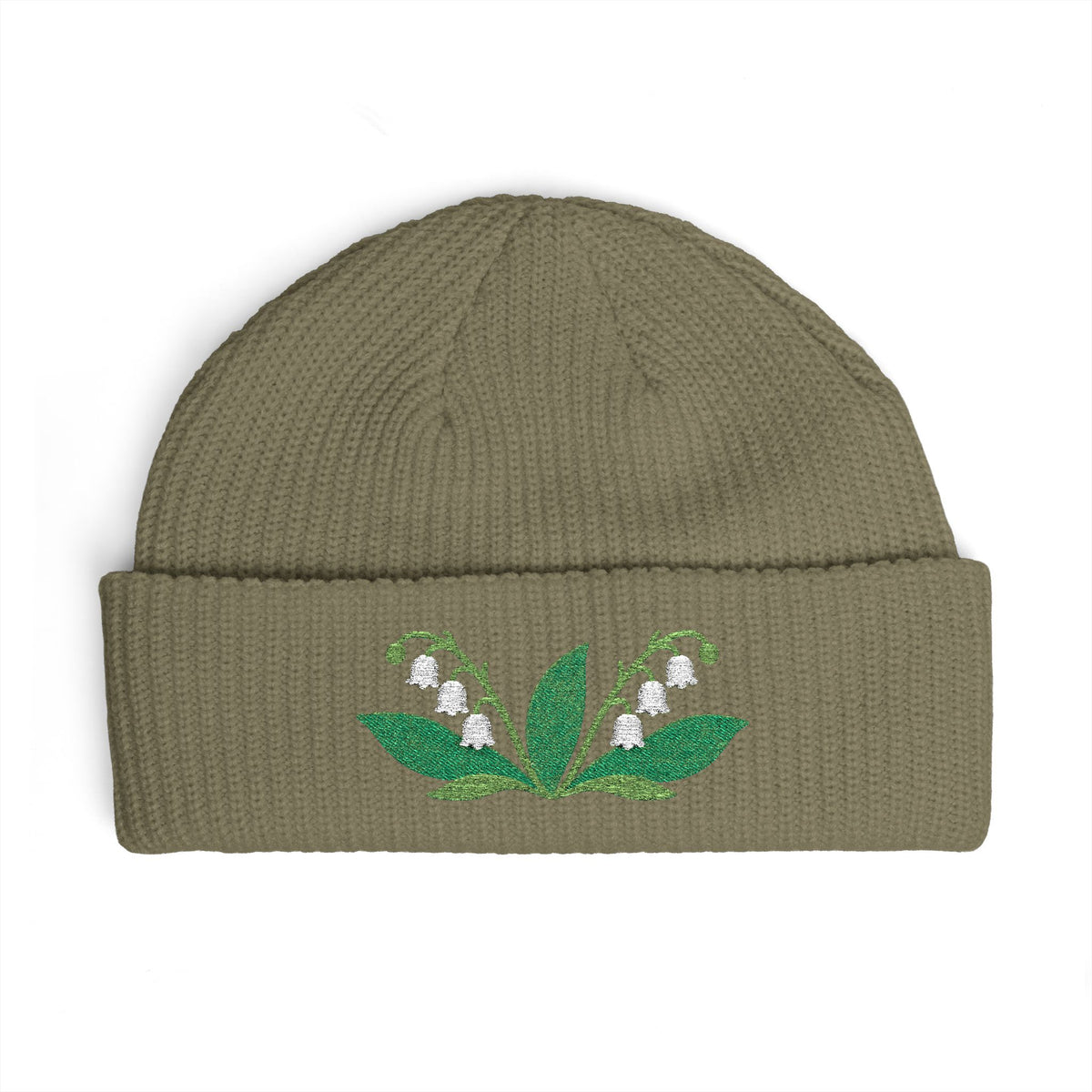 Cuffed knit beanie embroidered with the lily of the valley, May birth flower, view 5