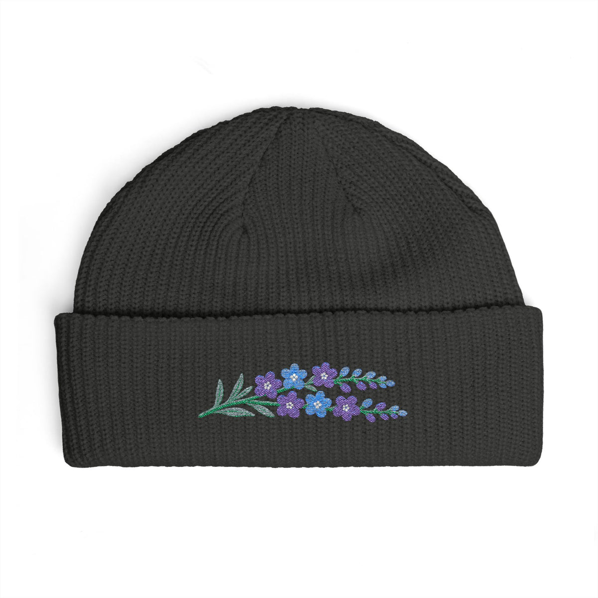 Cuffed knit beanie embroidered with the larkspur, July birth flower, view 9