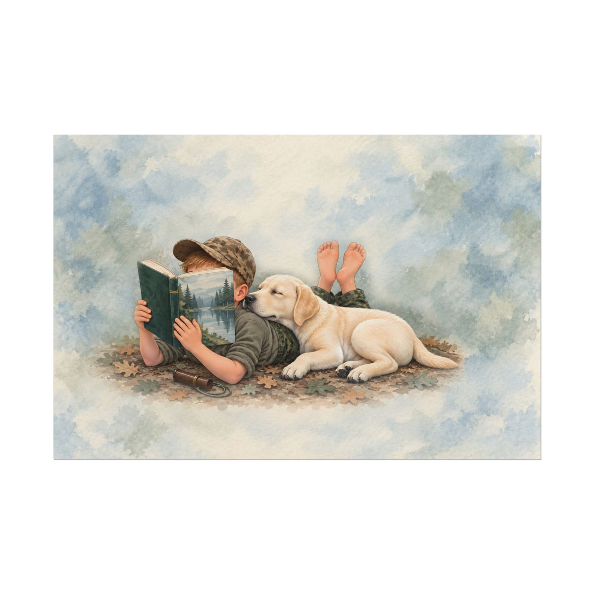 Storybook nursery poster of a boy reading with his yellow lab, view 2