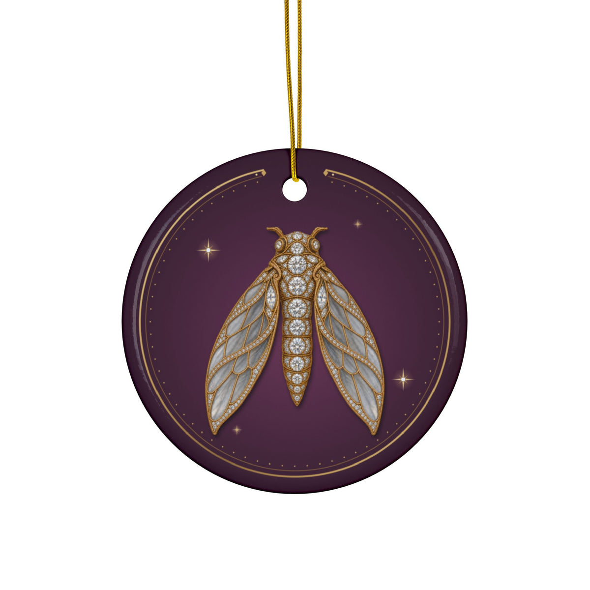 Personalized ceramic Christmas ornament with jeweled diamond cicada, April birthstone, view 2