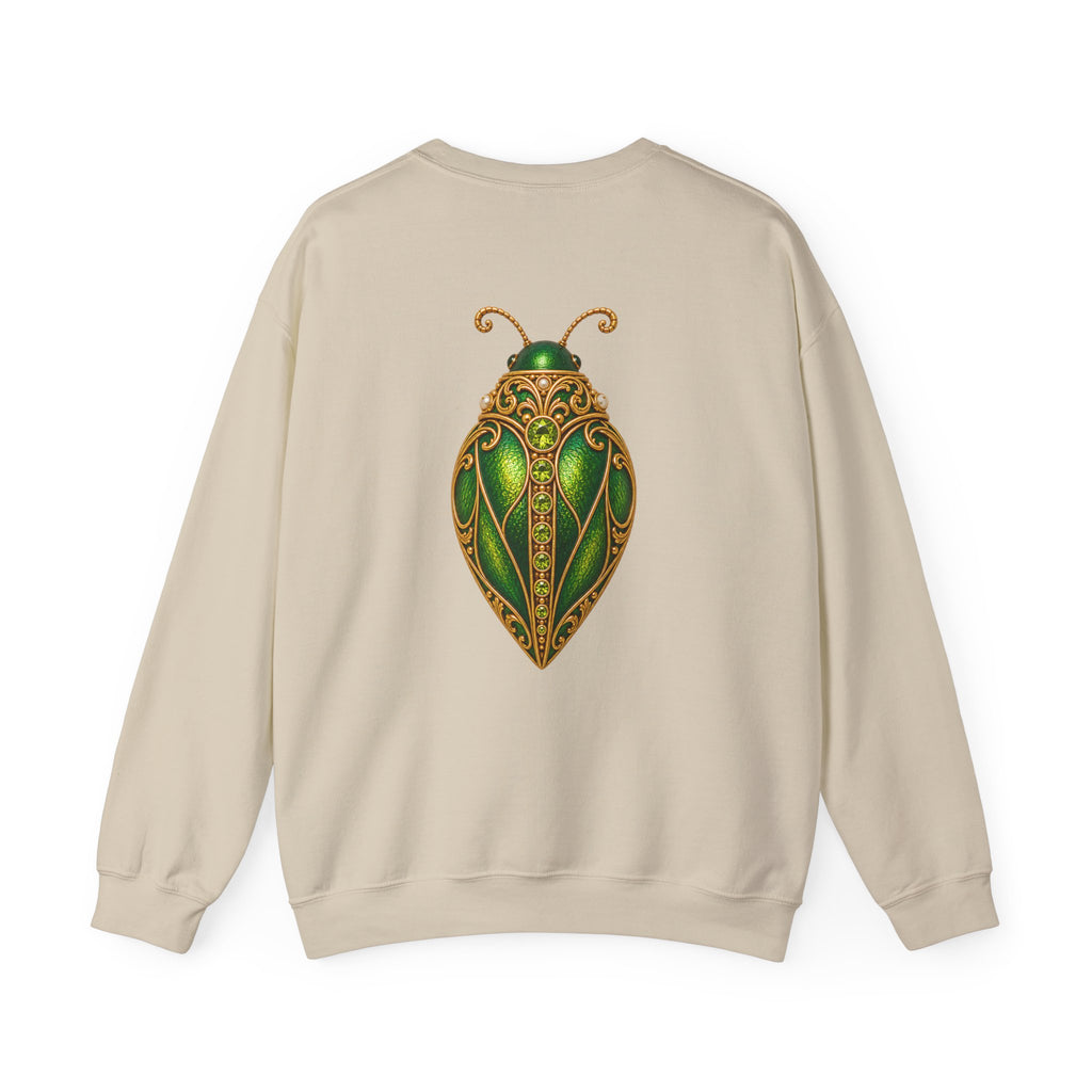 August birthstone sweatshirt with jeweled peridot beetle brooch art and personalized monogram, view 2