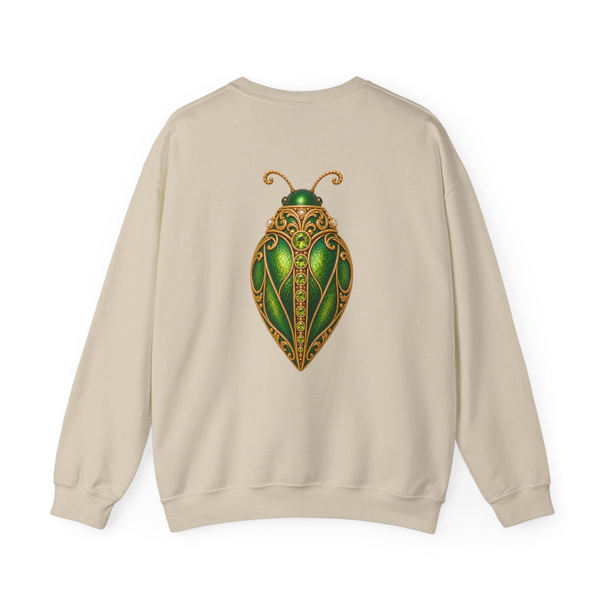 August birthstone sweatshirt with jeweled peridot beetle brooch art and personalized monogram, view 2