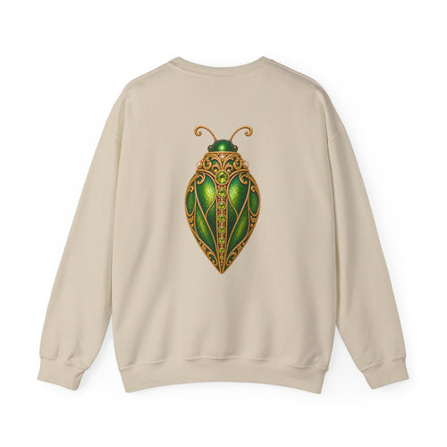 August birthstone sweatshirt with jeweled peridot beetle brooch art and personalized monogram, view 2