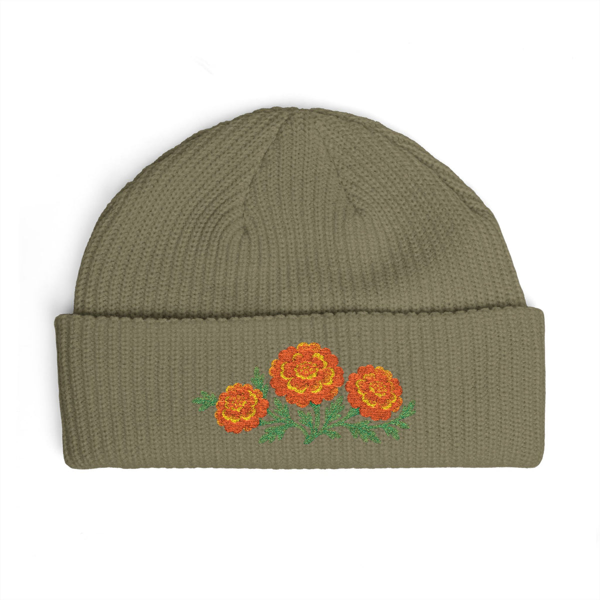 Cuffed knit beanie embroidered with the marigold, October birth flower, view 6
