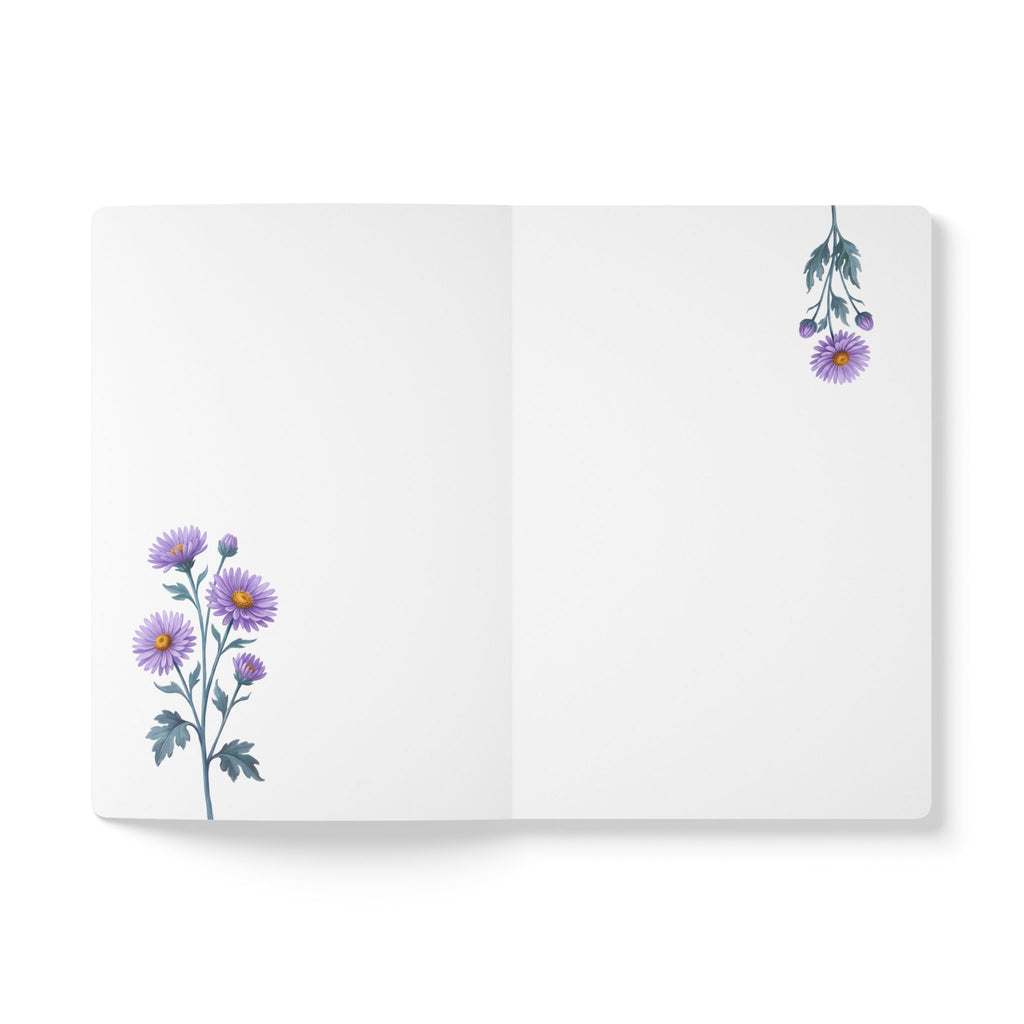 September birth flower journal with purple aster oil painting art and lace border on a teal cover, view 5