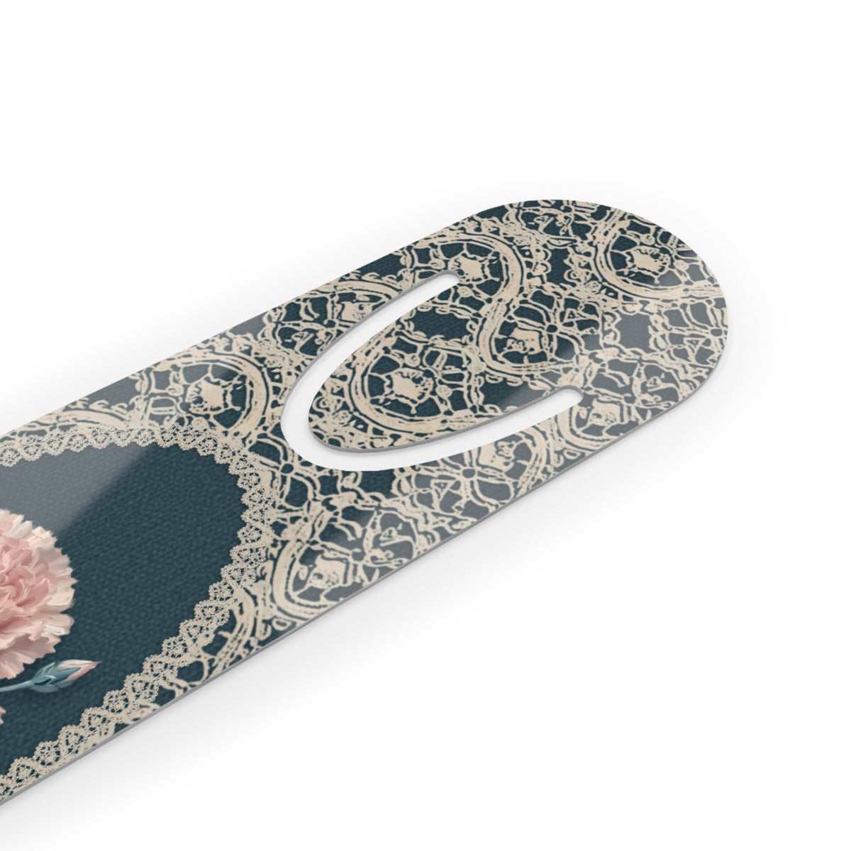Metal bookmark with pink carnation, the January birth flower, in vintage lace floral art, view 3