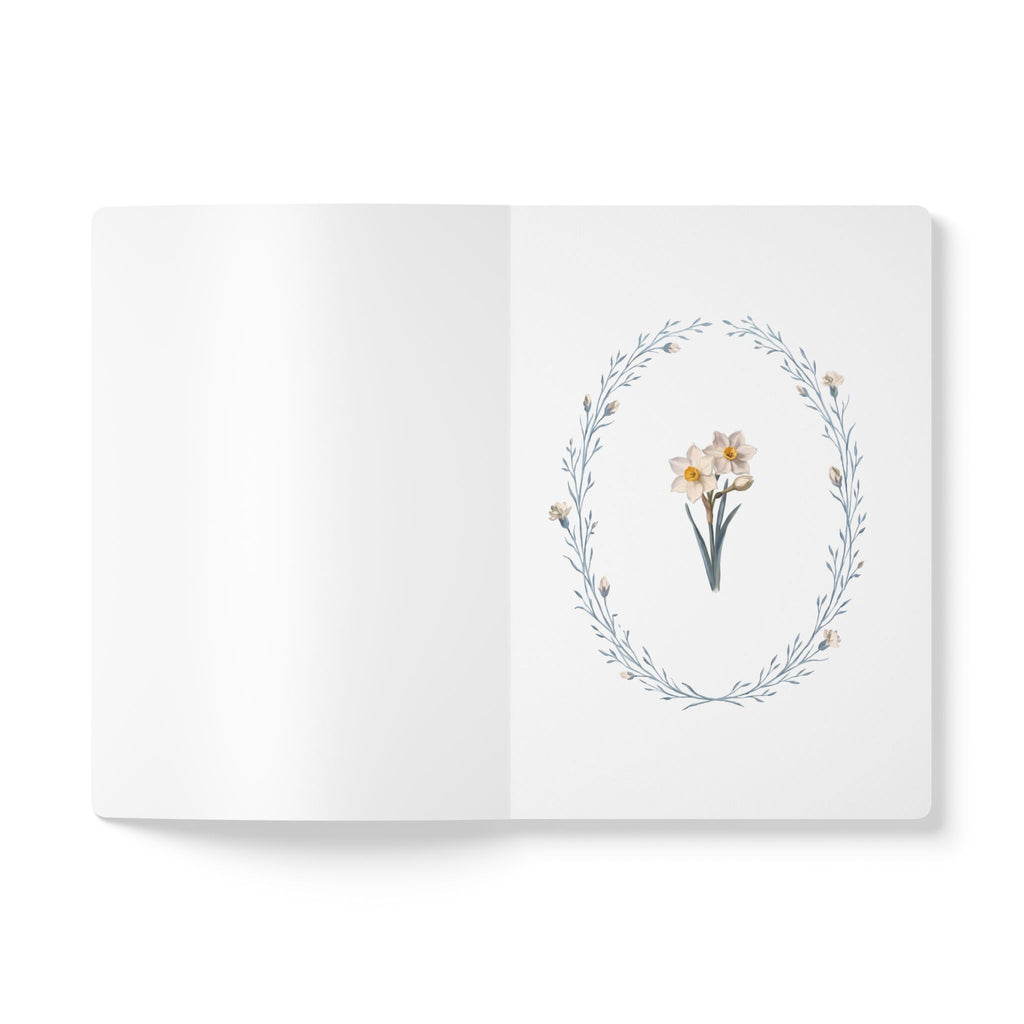December birth flower journal with paperwhite narcissus oil painting art and lace border on a teal cover, view 4