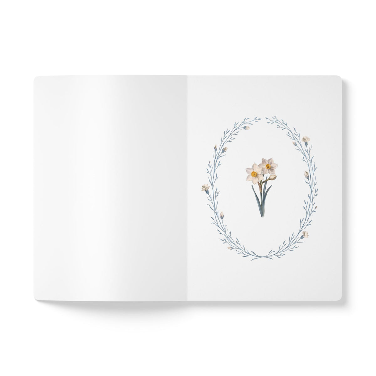 December birth flower journal with paperwhite narcissus oil painting art and lace border on a teal cover, view 4
