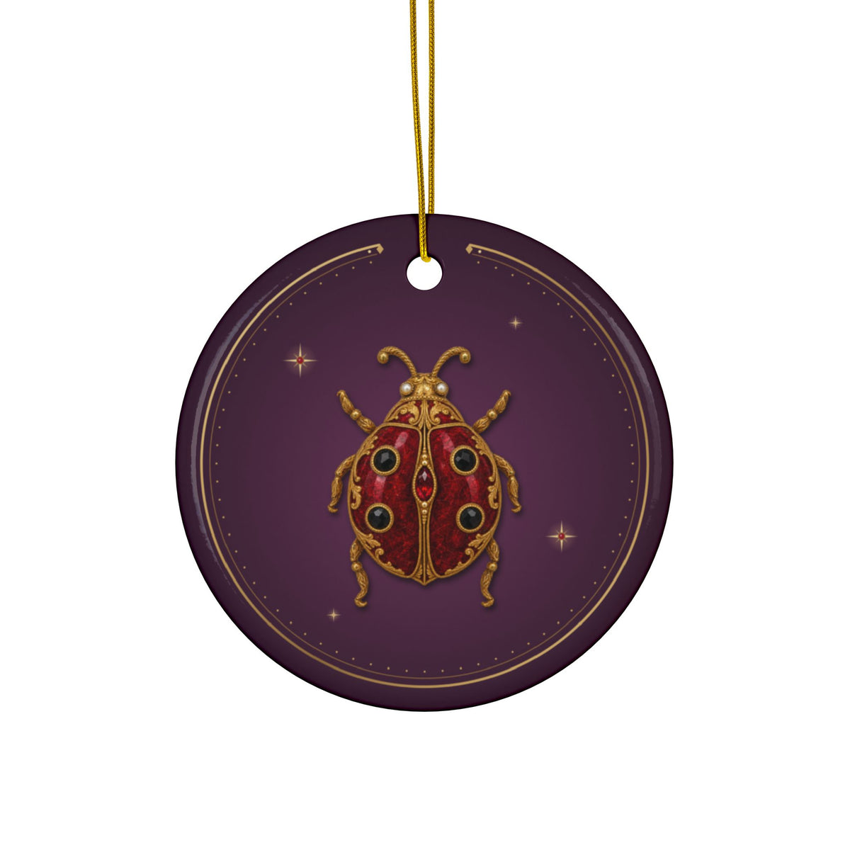 Personalized ceramic Christmas ornament with jeweled garnet ladybug, January birthstone, view 2
