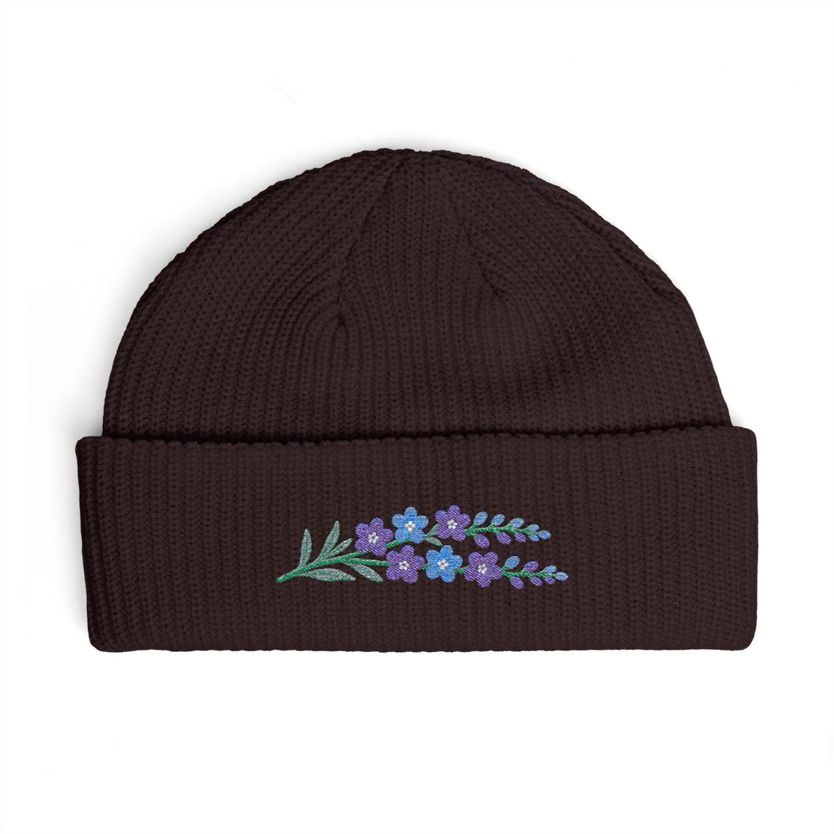 Cuffed knit beanie embroidered with the larkspur, July birth flower, view 8
