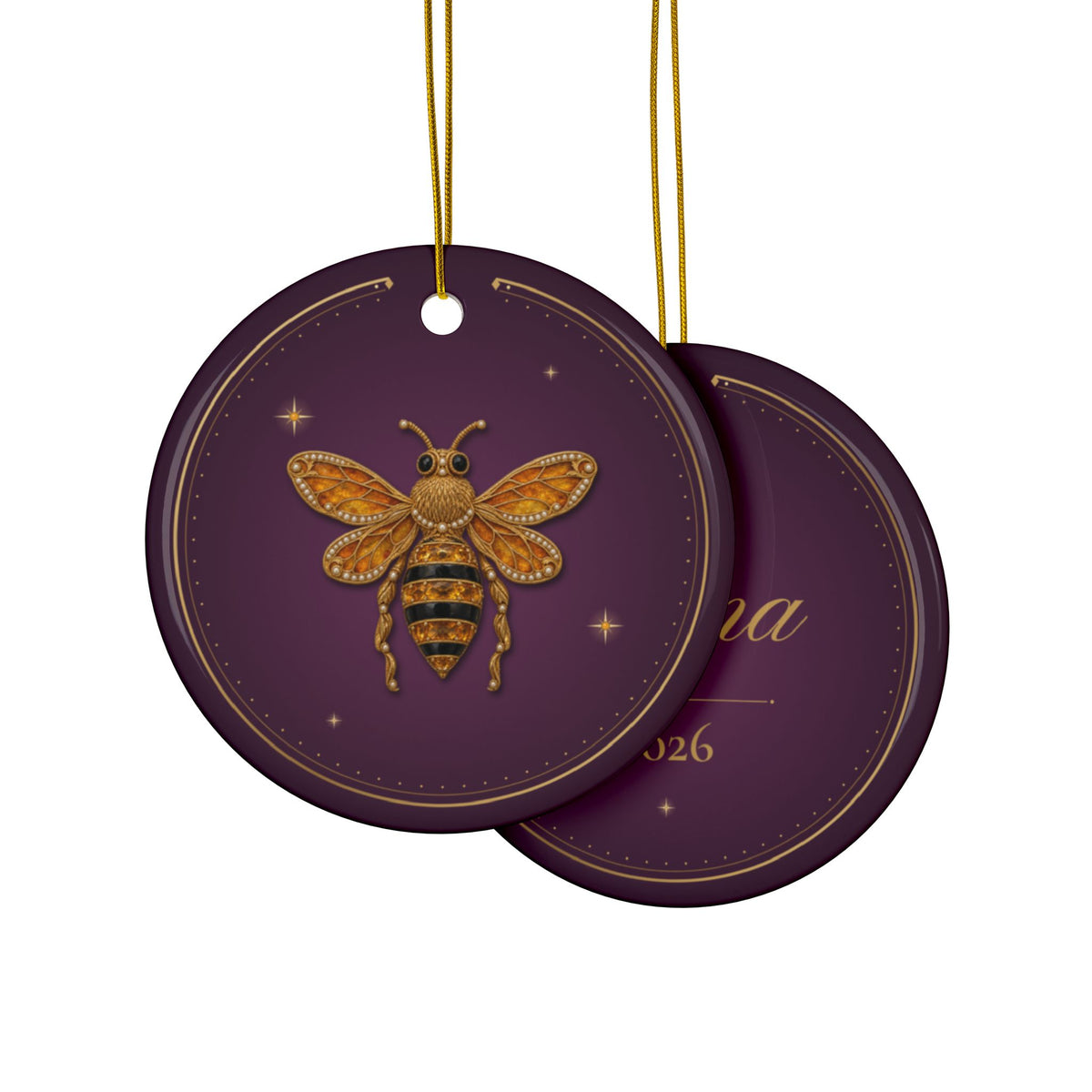 Personalized ceramic Christmas ornament with jeweled citrine honeybee, November birthstone, view 3
