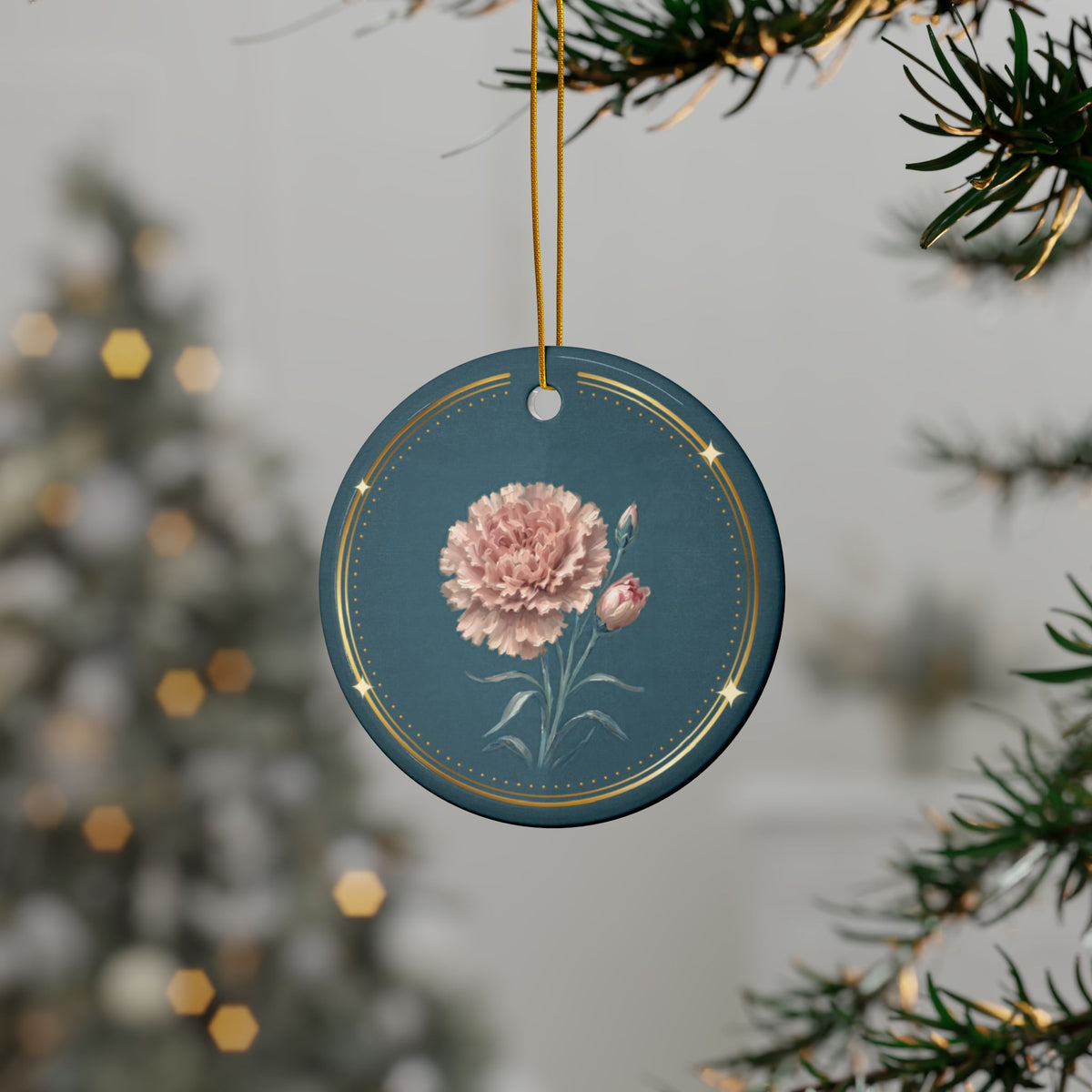 Personalized ceramic Christmas ornament with pink carnation, the January birth flower, view 2