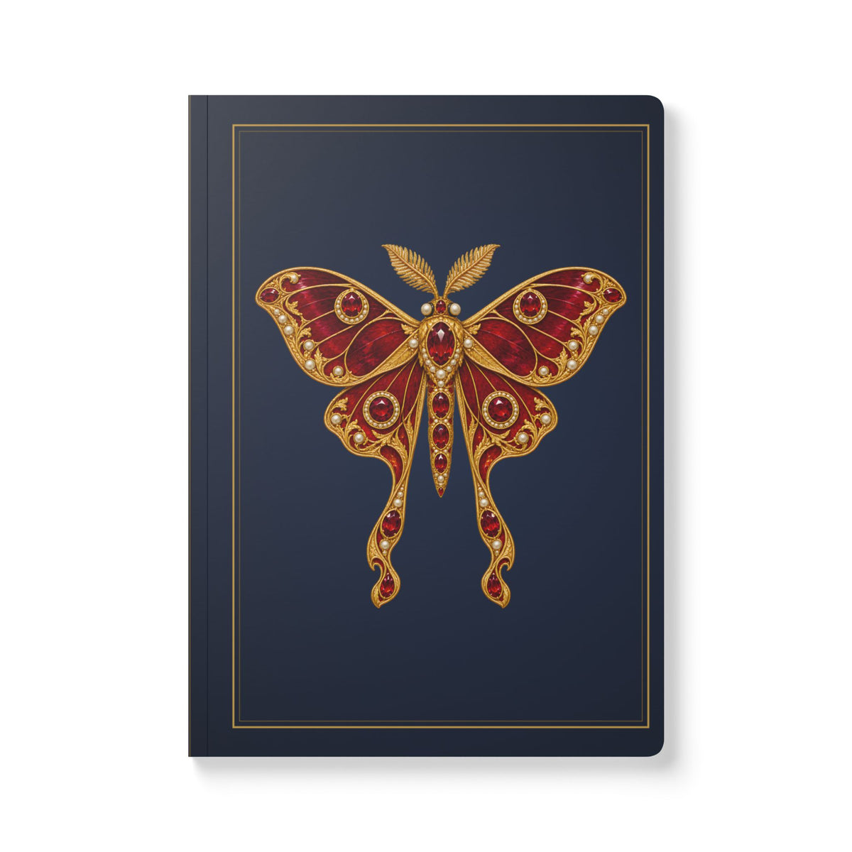 Jeweled ruby moth journal with vintage brooch art on a navy cover, July birthstone gift, view 2