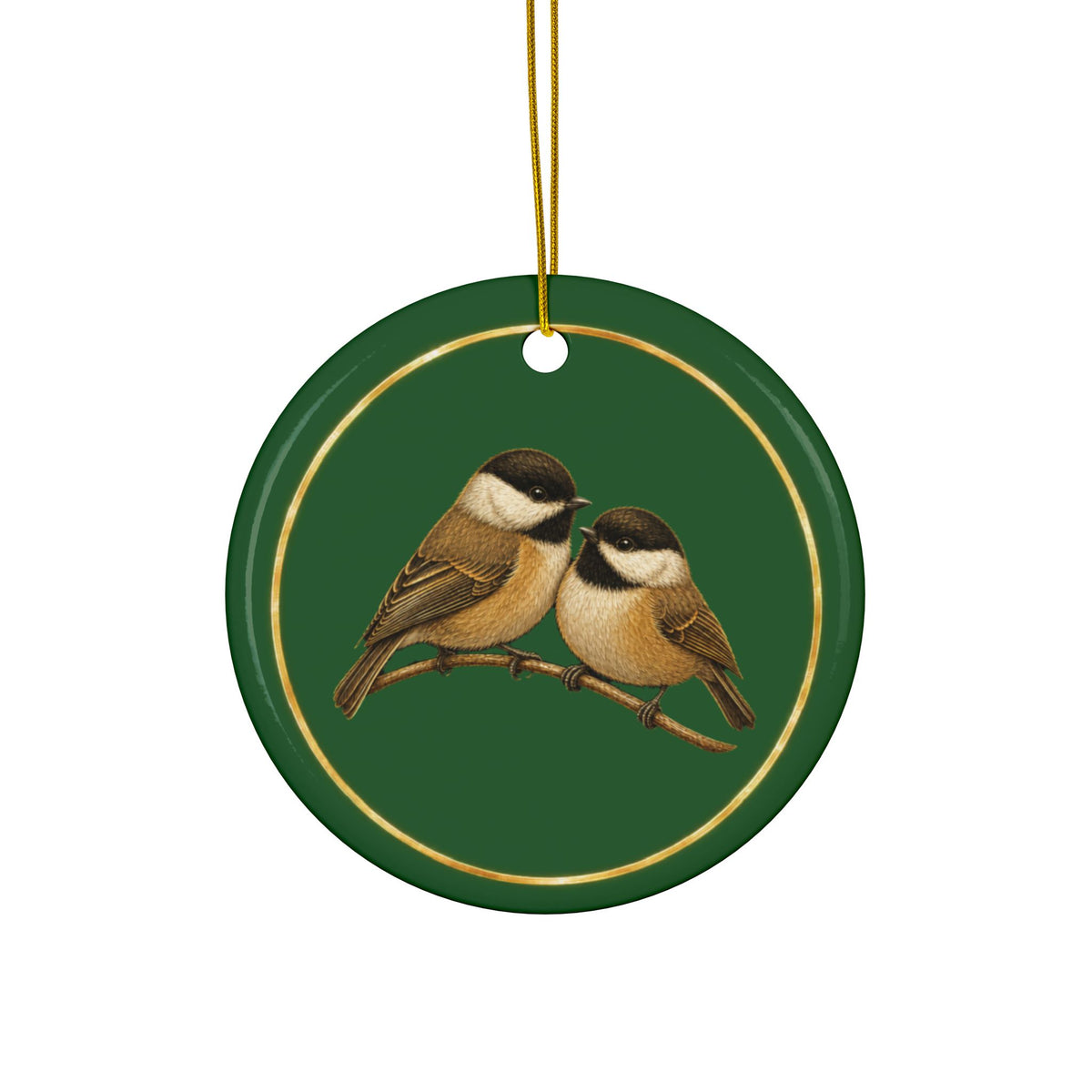 Chickadees Ornament, Woodland Creatures Christmas Ornament, Green and Gold Ceramic Ornament, Bird Gift