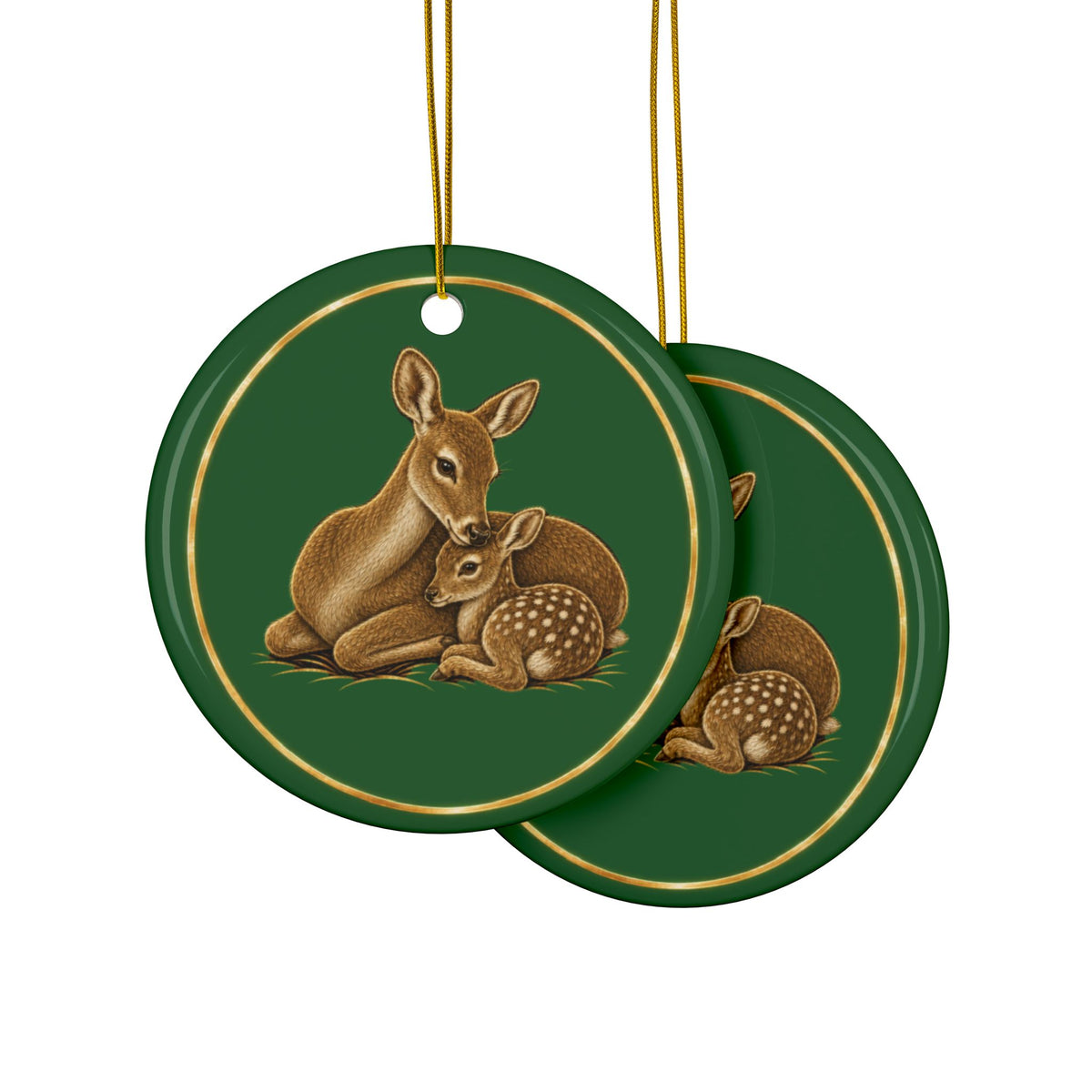Doe and Fawn Ornament, Woodland Creatures Christmas Ornament, Green and Gold Ceramic Ornament, Mom Gift