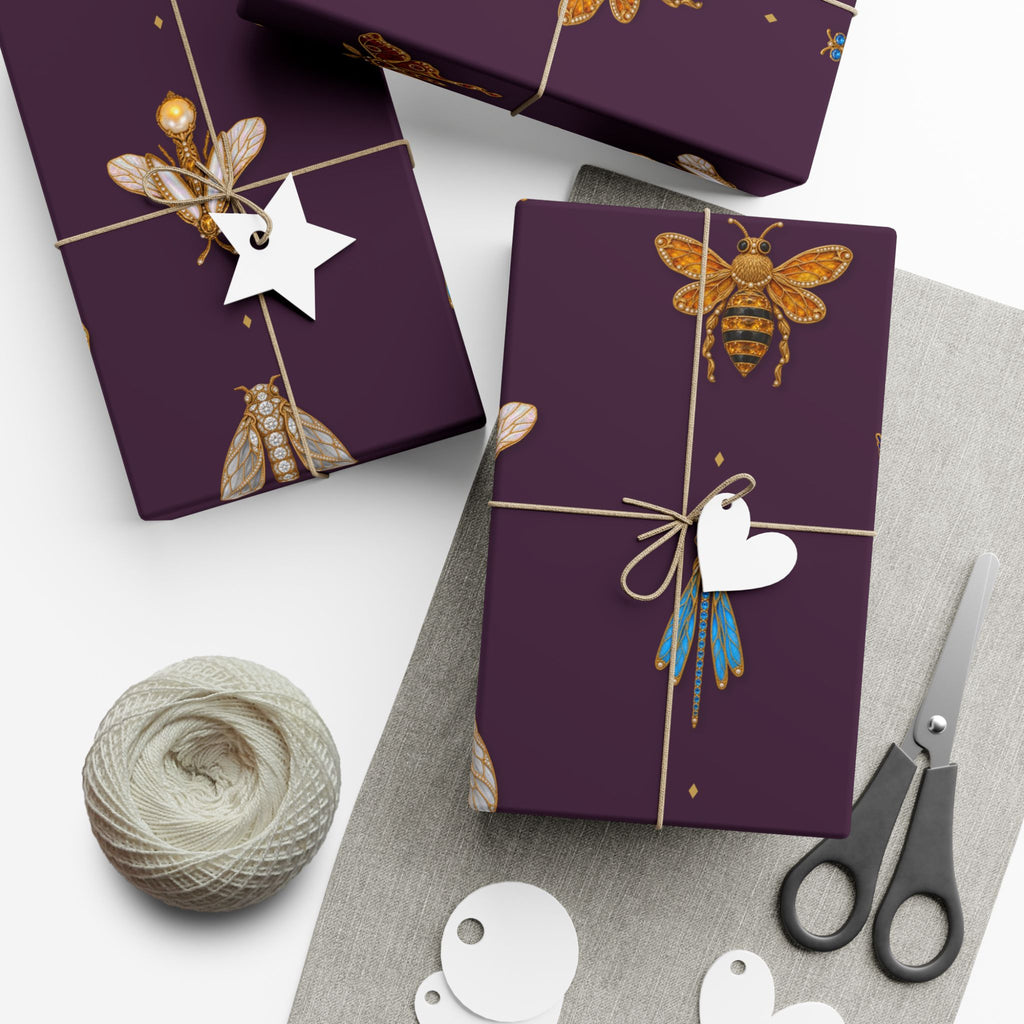 Jeweled Insect Wrapping Paper, Deep Plum Gift Wrap, Vintage Brooch Bug Pattern, Luxe Holiday & Bridal Shower Wrap