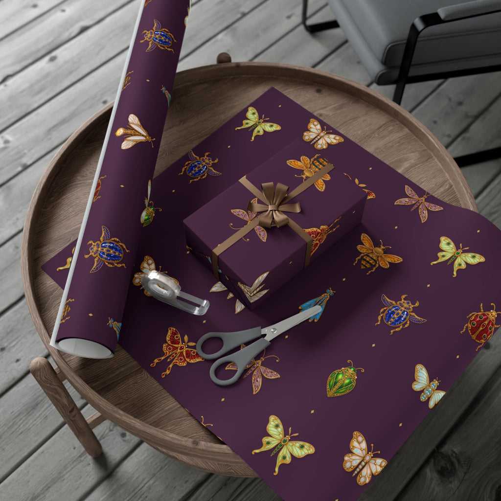 Jeweled Insect Wrapping Paper, Deep Plum Gift Wrap, Vintage Brooch Bug Pattern, Luxe Holiday & Bridal Shower Wrap