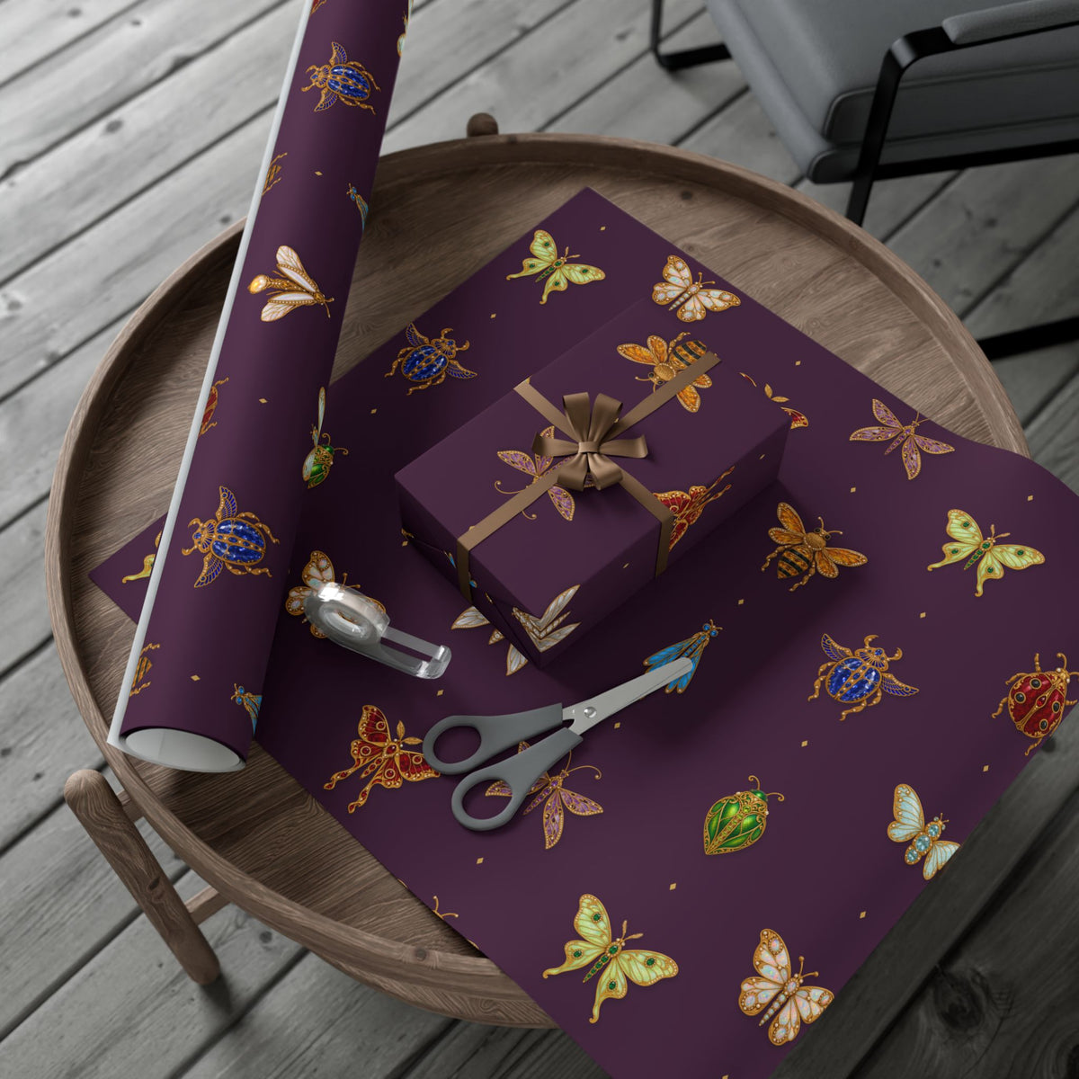 Jeweled Insect Wrapping Paper, Deep Plum Gift Wrap, Vintage Brooch Bug Pattern, Luxe Holiday & Bridal Shower Wrap