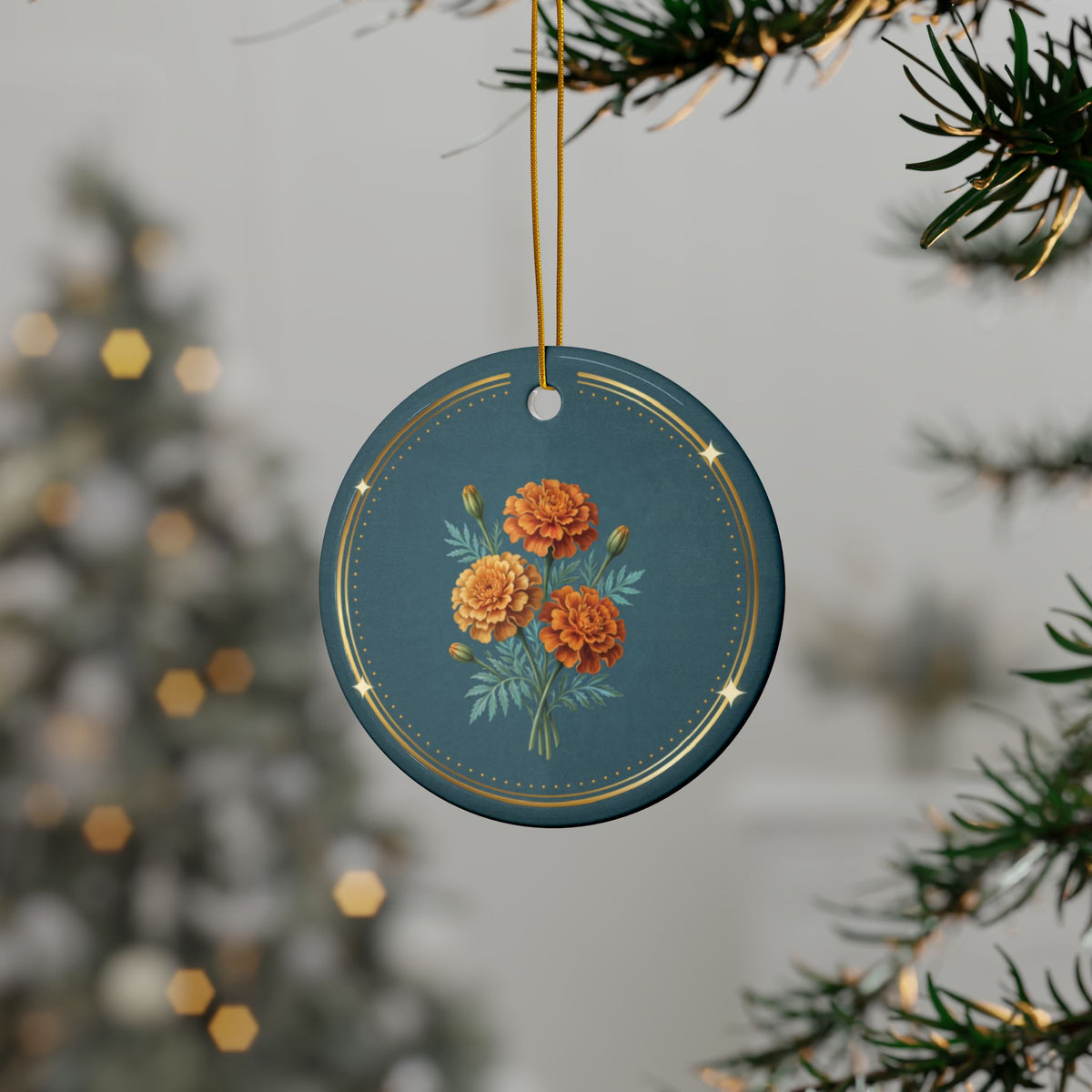 Personalized ceramic Christmas ornament with orange marigold, the October birth flower, view 2