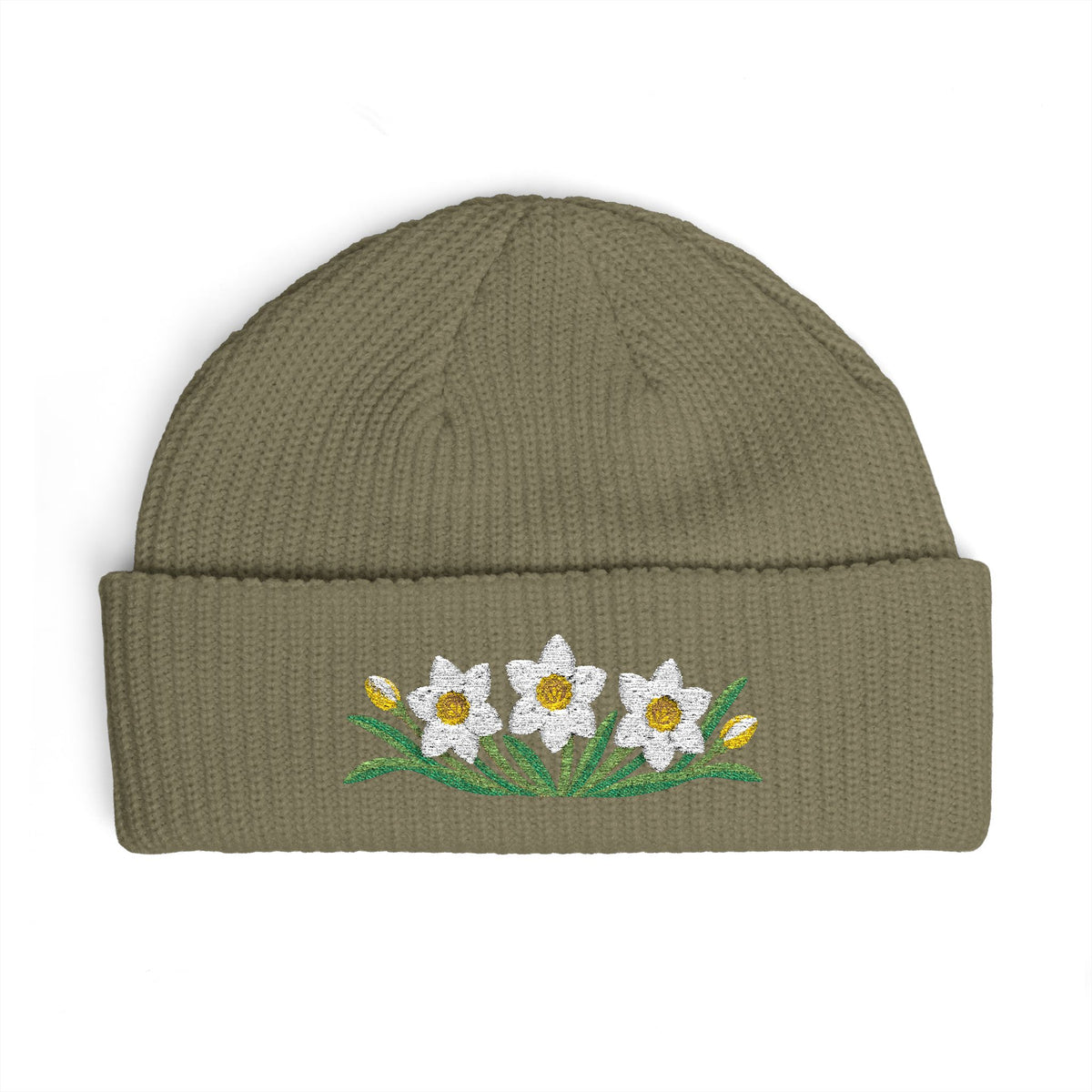 Cuffed knit beanie embroidered with the narcissus, December birth flower, view 4