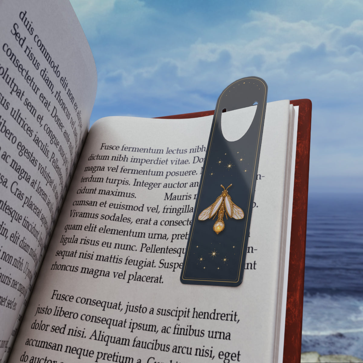 Metal bookmark with jeweled pearl firefly, the June birthstone, in vintage brooch style, view 2