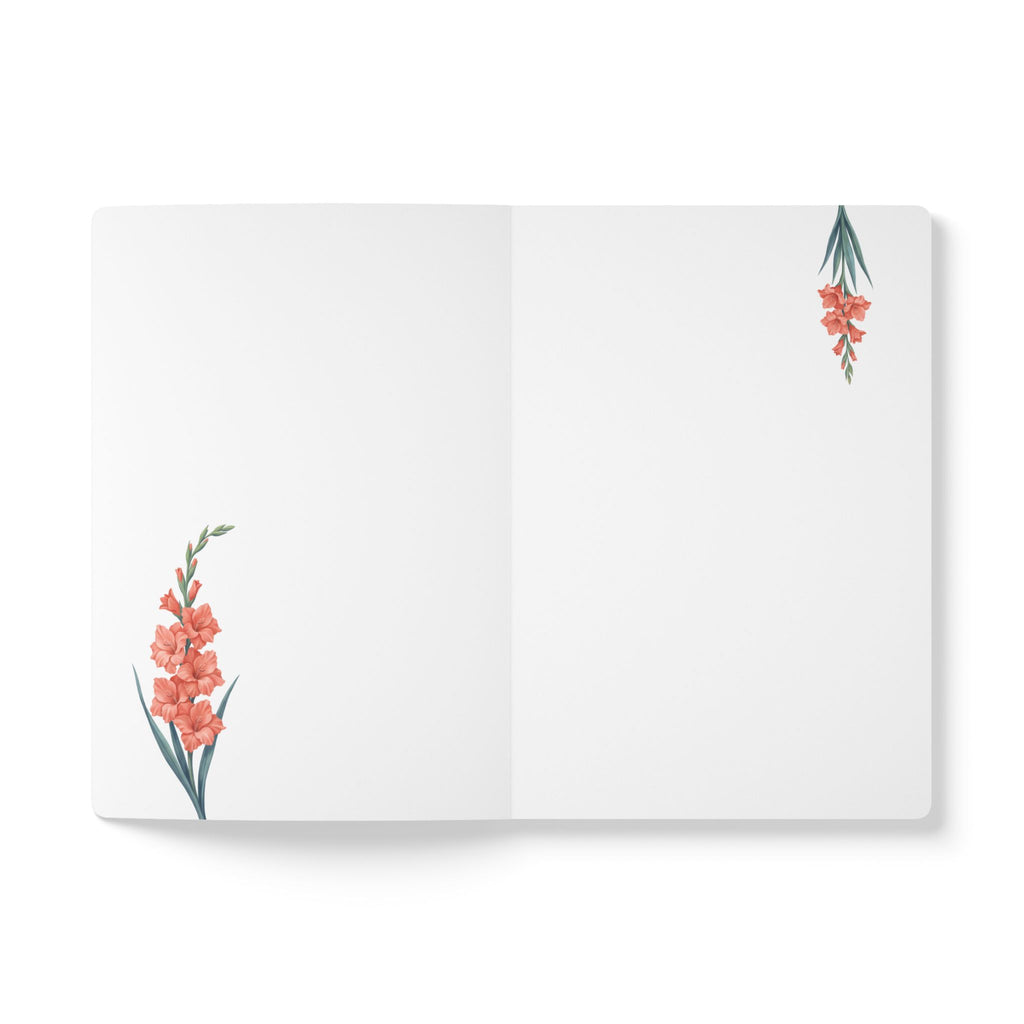 August birth flower journal with coral gladiolus oil painting art and lace border on a teal cover, view 5