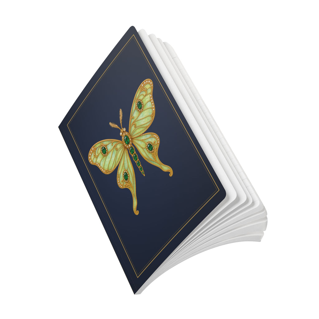 Jeweled emerald luna moth journal with vintage brooch art on a navy cover, May birthstone gift, view 11