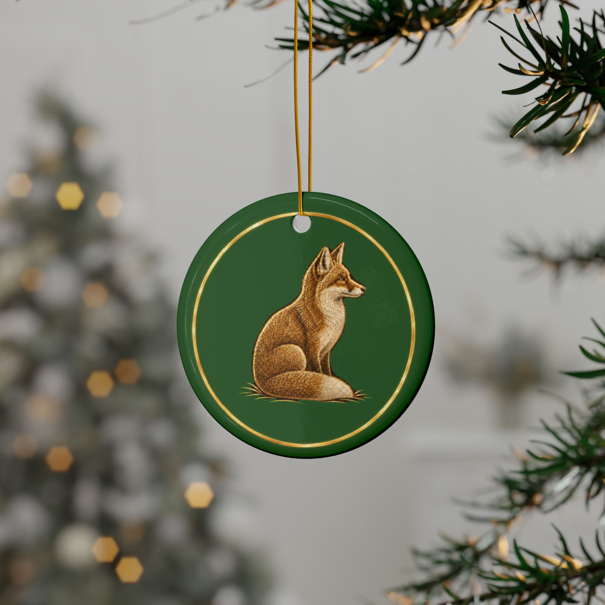 Fox Ornament, Woodland Creatures Christmas Ornament, Green and Gold Ceramic Ornament, Fox Lover Gift