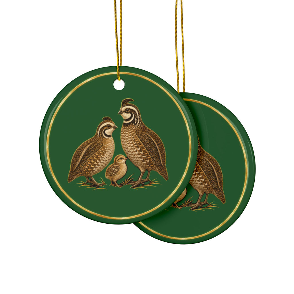 Quail Ornament, Woodland Creatures Christmas Ornament, Green and Gold Ceramic Ornament, Bird Hunter Gift