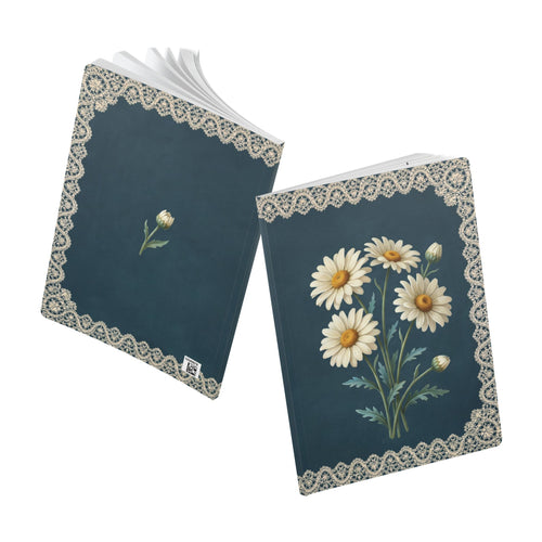April birth flower journal with white daisy oil painting art and lace border on a teal cover