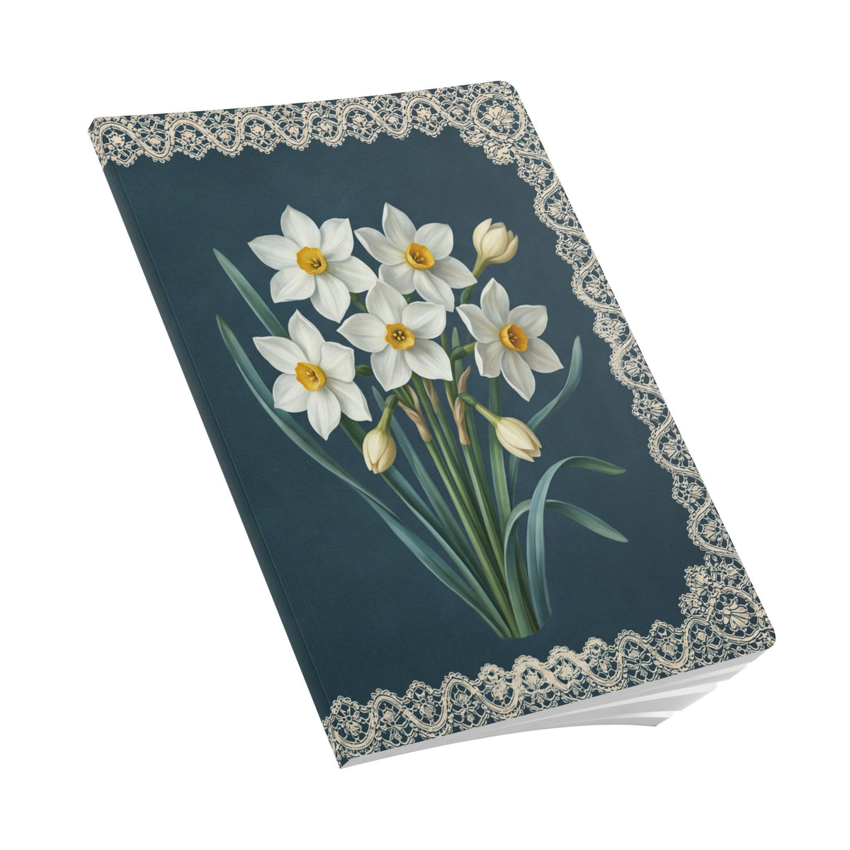 December birth flower journal with paperwhite narcissus oil painting art and lace border on a teal cover, view 9