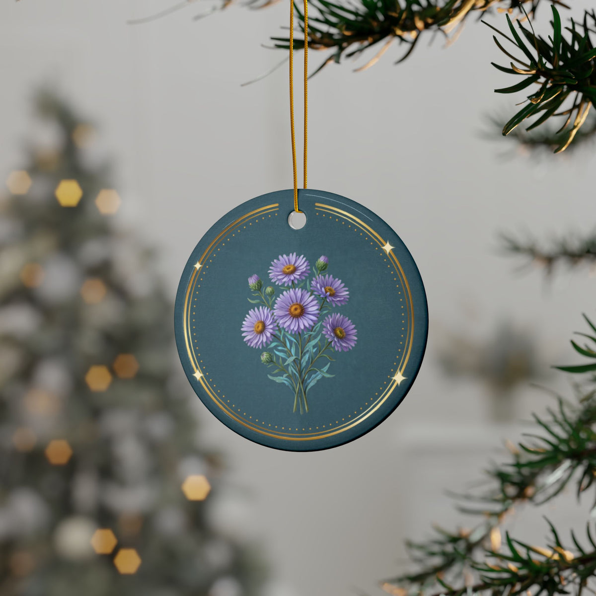 Personalized ceramic Christmas ornament with purple aster, the September birth flower, view 2