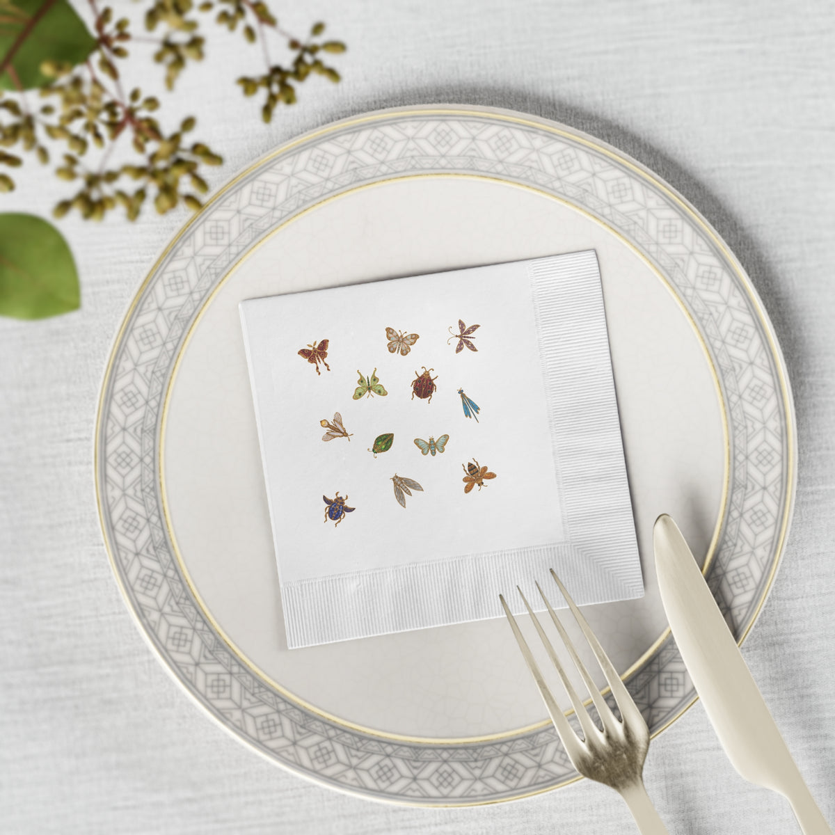Paper cocktail napkins with vintage brooch-style butterflies, moths, bees and dragonflies, view 3