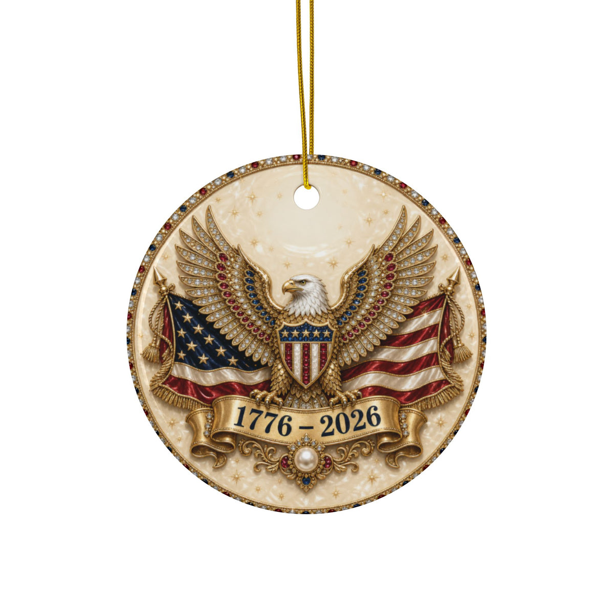 America 250 Ornament 1776 2026, Jeweled Gold Eagle and Flag Christmas Ornament, Ivory Patriotic Ceramic Ornament, 250th Anniversary Gift
