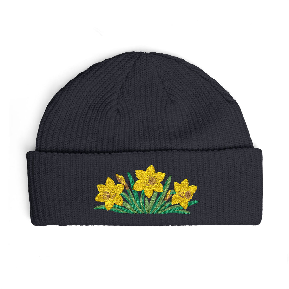 Cuffed knit beanie embroidered with the daffodil, March birth flower, view 7
