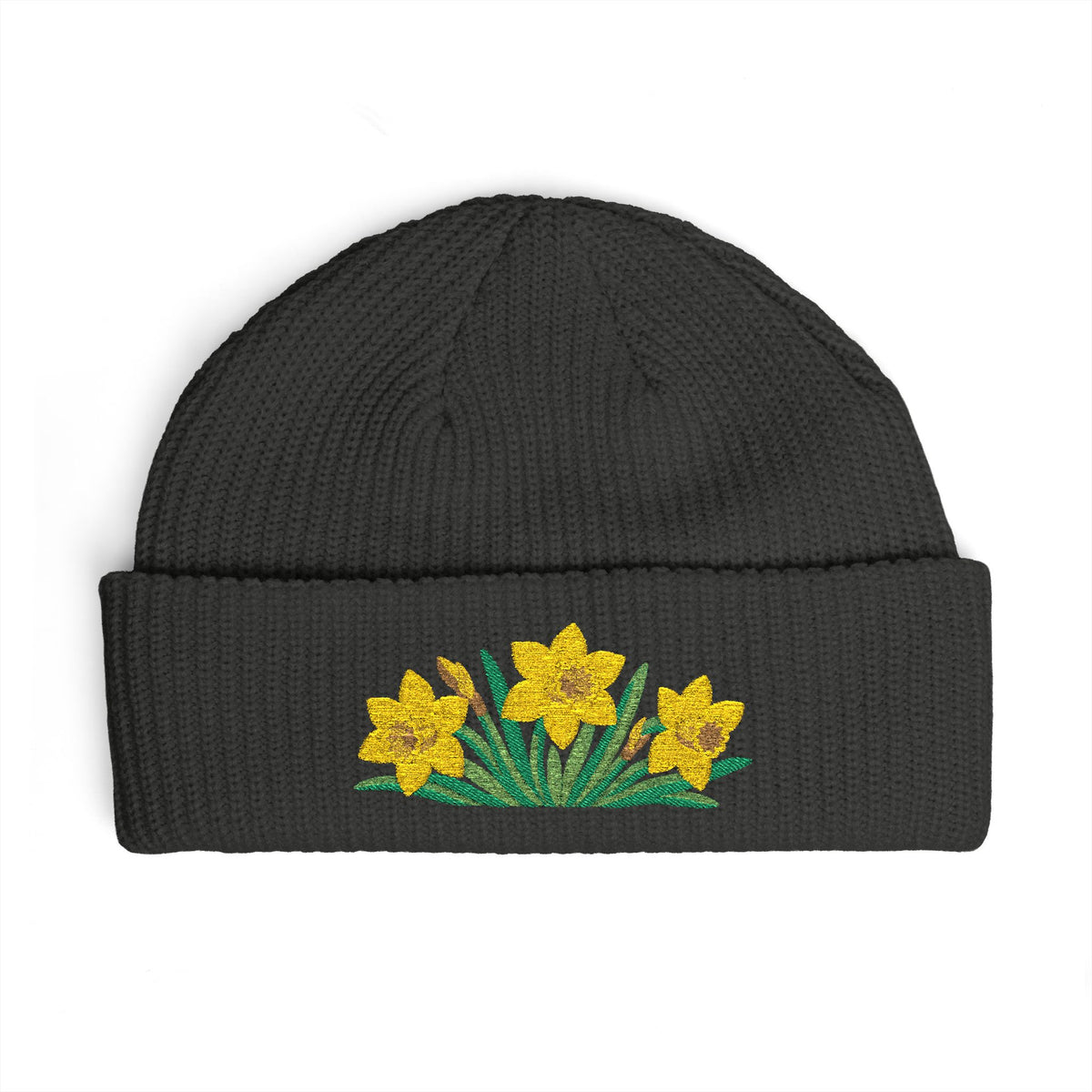 Cuffed knit beanie embroidered with the daffodil, March birth flower, view 9