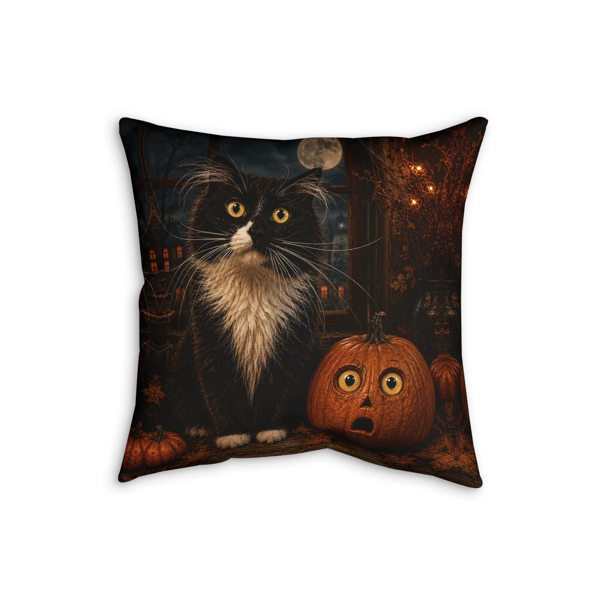 Halloween Cat Pillow, Black Cat and Pumpkin Throw Pillow, Spooky Fall Decor, Vintage Halloween Home Decor